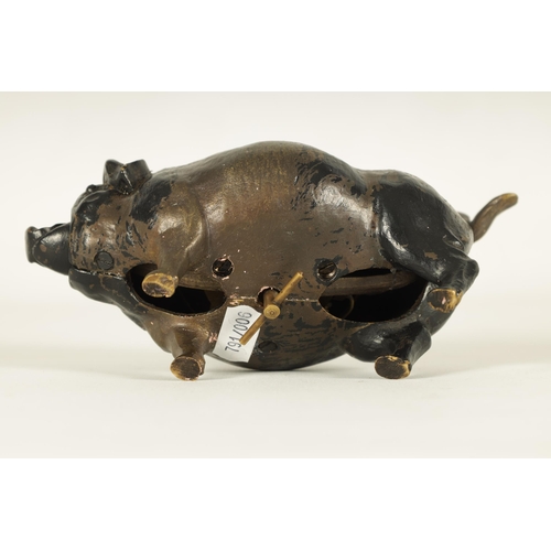 668 - A 20TH CENTURY COLD PAINTED BRONZE COUNTER BELL modelled as a fat bellied pig enclosing a mechanical... 