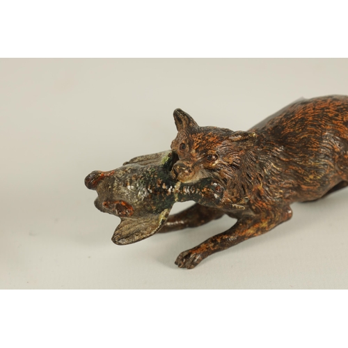 669 - A RARE SMALL EARLY 20TH CENTURY AUSTRIAN COLD PAINTED BRONZE SCULPTURE OF A FOX CARRYING A DUCK - la... 