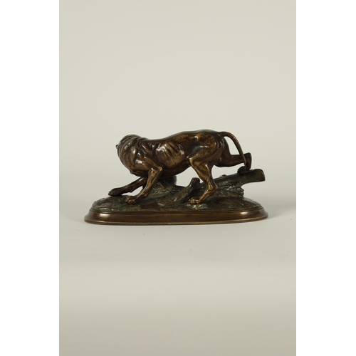 672 - A LATE 19TH CENTURY FRENCH PATINATED BRONZE SCULPTURE modelled as a dog on the scent standing on a n... 