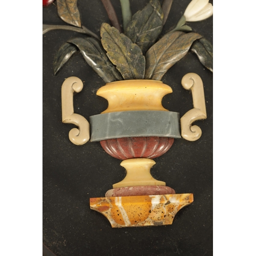 677 - A PAIR OF 19TH CENTURY ITALIAN BLACK SLATE AND PIETRA DURA SLENDER OVAL HANGING PLAQUES decorated in... 