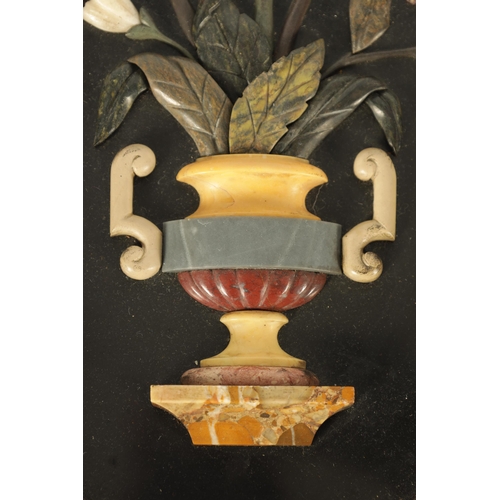 677 - A PAIR OF 19TH CENTURY ITALIAN BLACK SLATE AND PIETRA DURA SLENDER OVAL HANGING PLAQUES decorated in... 