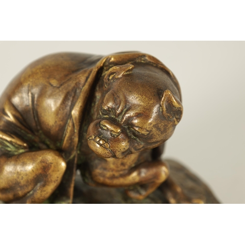 686 - LALOUETTE. A LATE 19TH FRENCH PATINATED BRONZE SCULPTURE modelled as a bulldog with blanket on a nat... 