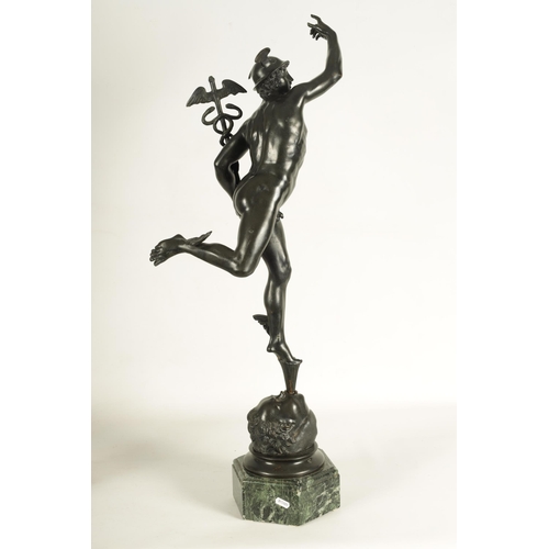 690 - A LARGE 19TH CENTURY ITALIAN BRONZE SCULPTURE OF THE FLYING MERCURY on a hexagonal Antico Verde marb... 