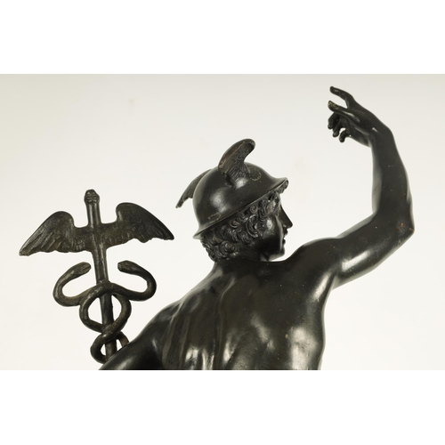 690 - A LARGE 19TH CENTURY ITALIAN BRONZE SCULPTURE OF THE FLYING MERCURY on a hexagonal Antico Verde marb... 