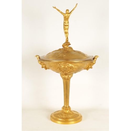 691 - A LARGE EARLY 20TH CENTURY CHARLES CHRISTOFLE & CIE GILT BRONZE PRESENTATION FIGURAL CUP AND COVER S... 