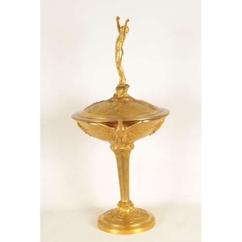 691 - A LARGE EARLY 20TH CENTURY CHARLES CHRISTOFLE & CIE GILT BRONZE PRESENTATION FIGURAL CUP AND COVER S... 