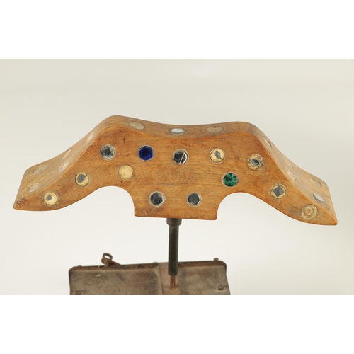 693 - AN 18TH CENTURY IRON WORK SPRING DRIVEN CLOCKWORK BIRD SCARER with revolving jewelled wood winged at... 