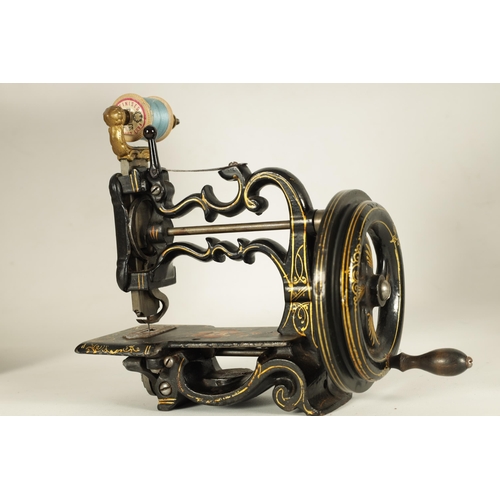 698 - CHARLES RAYMOND. A 19TH CENTURY PORTABLE CAST IRON SEWING MACHINE WITH ORIGINAL BOX painted black de... 