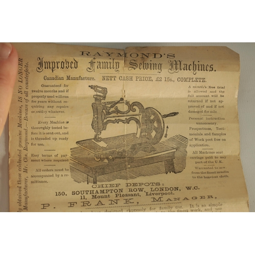 698 - CHARLES RAYMOND. A 19TH CENTURY PORTABLE CAST IRON SEWING MACHINE WITH ORIGINAL BOX painted black de... 