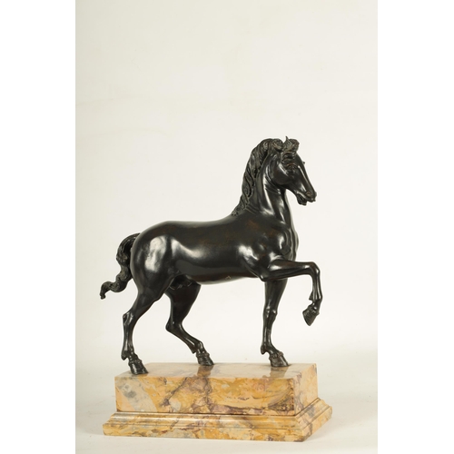 699 - AN 18TH/19TH CENTURY ITALIAN BRONZE SCULPTURE of a prancing horse, mounted on a veined marble moulde... 