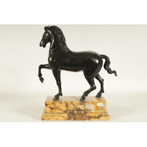 699 - AN 18TH/19TH CENTURY ITALIAN BRONZE SCULPTURE of a prancing horse, mounted on a veined marble moulde... 