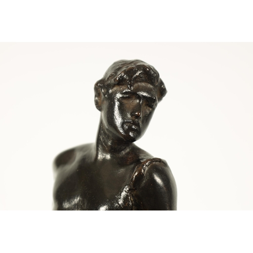 711 - CLIO HINTON HUNEKAR (AMERICAN 1870 - 1925) A STYLISH PAIR OF ART NOVEAU STYLE BRONZE FIGURAL BOOKEND... 