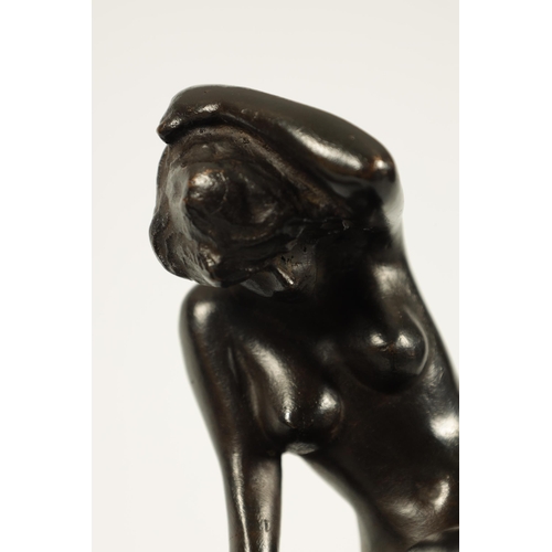 711 - CLIO HINTON HUNEKAR (AMERICAN 1870 - 1925) A STYLISH PAIR OF ART NOVEAU STYLE BRONZE FIGURAL BOOKEND... 