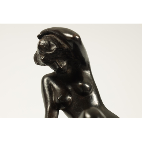 711 - CLIO HINTON HUNEKAR (AMERICAN 1870 - 1925) A STYLISH PAIR OF ART NOVEAU STYLE BRONZE FIGURAL BOOKEND... 