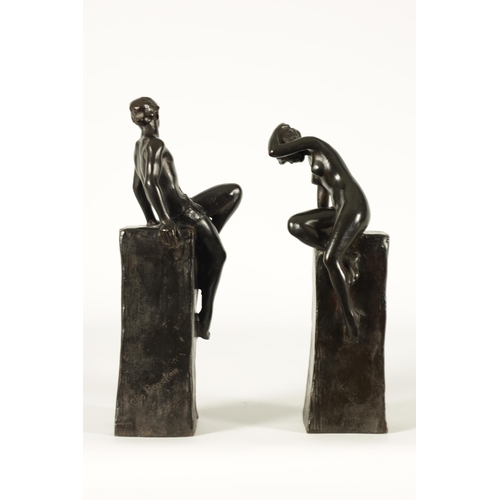 711 - CLIO HINTON HUNEKAR (AMERICAN 1870 - 1925) A STYLISH PAIR OF ART NOVEAU STYLE BRONZE FIGURAL BOOKEND... 