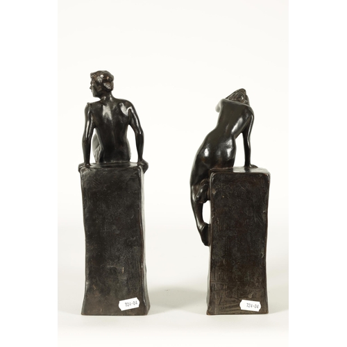 711 - CLIO HINTON HUNEKAR (AMERICAN 1870 - 1925) A STYLISH PAIR OF ART NOVEAU STYLE BRONZE FIGURAL BOOKEND... 