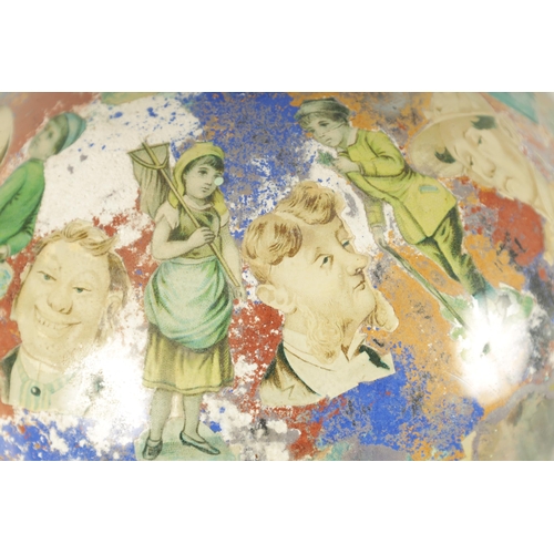 717 - A RARE 19TH CENTURY DECALCOMANIA GLASS GLOBE internally decorated with portraits, mask heads and dom... 