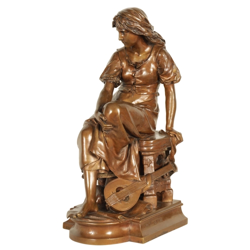 718 - FERDINAND BARBEDIENNE (1810-1892). A 19TH CENTURY FIGURAL BRONZE SCULPTURE depicting a seated Female... 