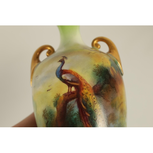 72 - AN EARLY 20TH CENTURY MINIATURE ROYAL WORCESTER DOUBLE HANDLED BALUSTER VASE painted with a scene of... 