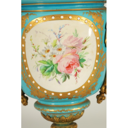 74 - A PAIR OF 19TH CENTURY FRENCH SEVRES STYLE ORMOLU MOUNTED VASES AND COVERS the slightly tapered jewe... 