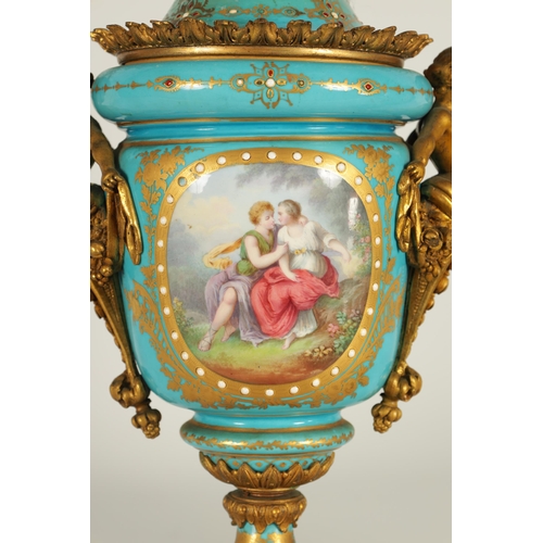 74 - A PAIR OF 19TH CENTURY FRENCH SEVRES STYLE ORMOLU MOUNTED VASES AND COVERS the slightly tapered jewe... 