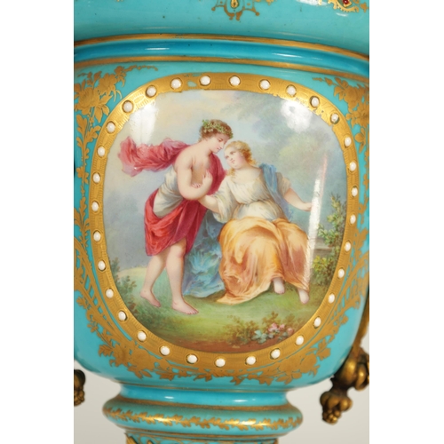 74 - A PAIR OF 19TH CENTURY FRENCH SEVRES STYLE ORMOLU MOUNTED VASES AND COVERS the slightly tapered jewe... 