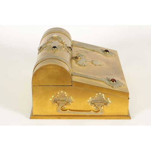 740 - A 19TH CENTURY GILT BRONZE WRITING SLOPE decorated with Tiger's Eye cabochons and embossed strap wor... 