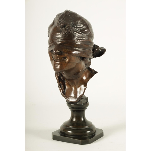 741 - A LATE 19TH CENTURY NEAPOLITAN BRONZE BUST in the manner of Vincenzo Gemito, modelled as a blindfold... 