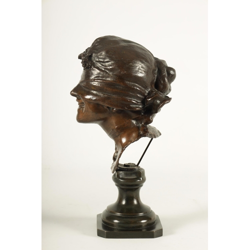 741 - A LATE 19TH CENTURY NEAPOLITAN BRONZE BUST in the manner of Vincenzo Gemito, modelled as a blindfold... 