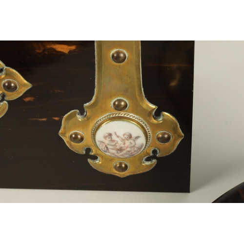 750 - A GOOD 19TH CENTURY FOUR PIECE ORMOLU MOUNTED COROMANDEL DESK SET with gothic style mounts enclosing... 