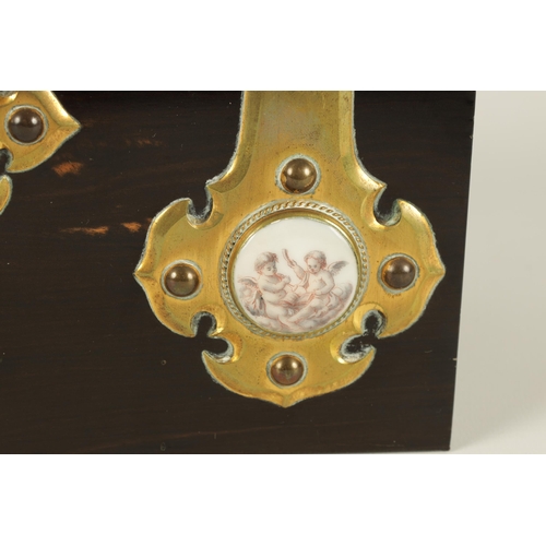 750 - A GOOD 19TH CENTURY FOUR PIECE ORMOLU MOUNTED COROMANDEL DESK SET with gothic style mounts enclosing... 