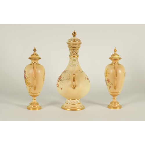 77 - AN ORNATE ROYAL WORCESTER GILT AND IVORY GROUND SCROLLED TWO-HANDLED CABINET VASE AND COVER of bulbo... 