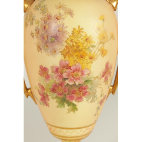 77 - AN ORNATE ROYAL WORCESTER GILT AND IVORY GROUND SCROLLED TWO-HANDLED CABINET VASE AND COVER of bulbo... 