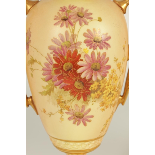 77 - AN ORNATE ROYAL WORCESTER GILT AND IVORY GROUND SCROLLED TWO-HANDLED CABINET VASE AND COVER of bulbo... 