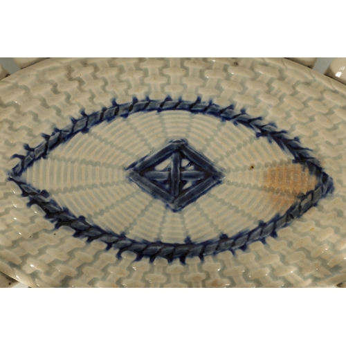 80 - AN 18TH CENTURY PEARLWARE BLUE AND WHITE OVAL LATTICEWORK BASKET of bound form with woven base. (26c... 