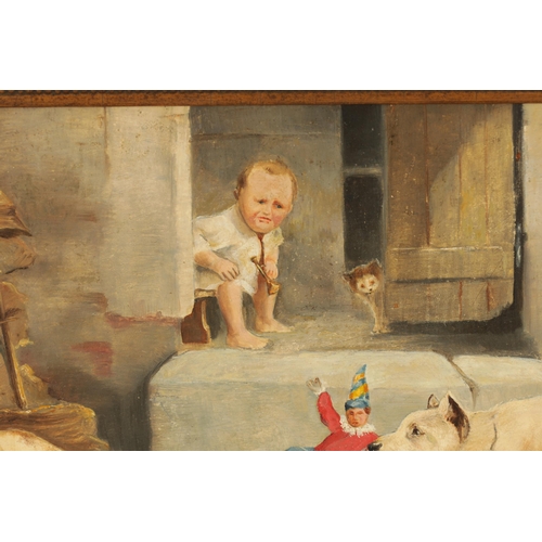 804 - H. DOGGMAN. A PAIR OF 19TH CENTURY OILS ON WOOD PANELS. Three young terriers playing with a child's ... 