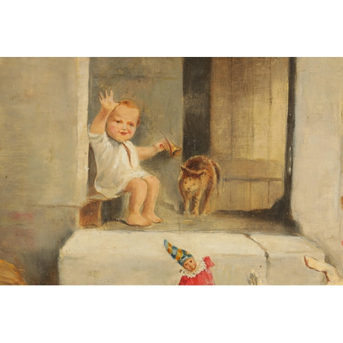 804 - H. DOGGMAN. A PAIR OF 19TH CENTURY OILS ON WOOD PANELS. Three young terriers playing with a child's ... 