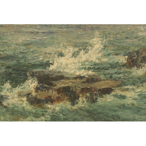 805 - RICHARD HESKETH (1867-1919) AN EARLY 20TH CENTURY OIL ON CANVAS a rocky seascape with sail ship - si... 