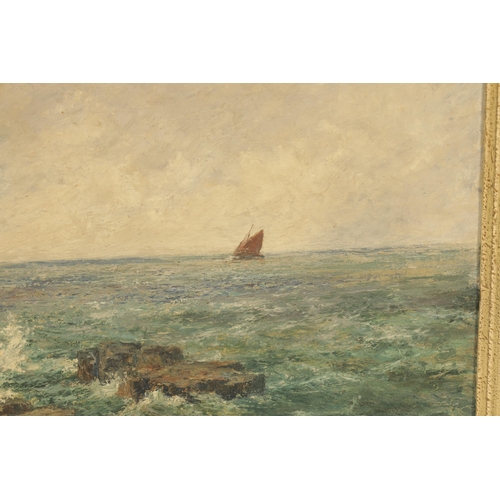 805 - RICHARD HESKETH (1867-1919) AN EARLY 20TH CENTURY OIL ON CANVAS a rocky seascape with sail ship - si... 