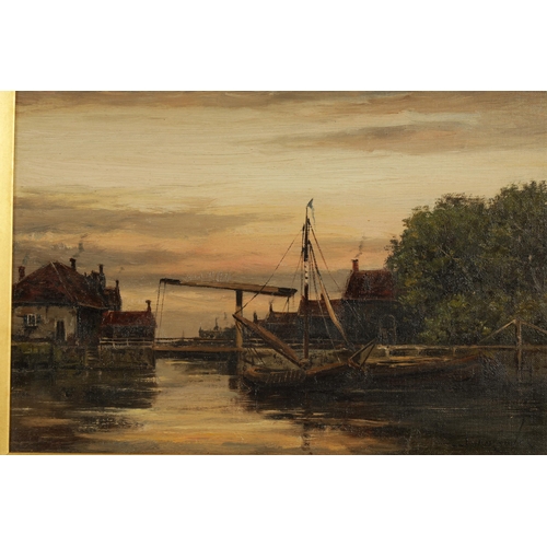 807 - JAN VAN COUVER (1839-1909) A PAIR OF LATE 19TH CENTURY OILS ON CANVAS depicting boats in river lands... 