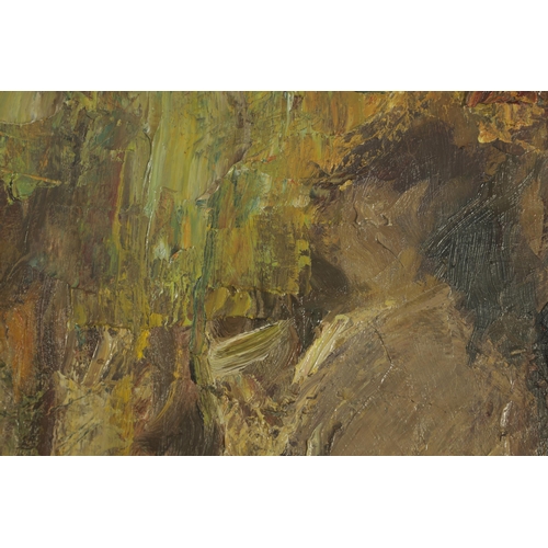 810 - AN EARLY 20TH CENTURY ABSTRACT HEAVY IMPASTO OIL ON CANVAS depicting a female figure in an interior ... 