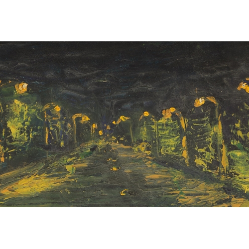 812 - JAMES LAWRENCE ISHERWOOD (1917-1989) OIL ON BOARD. Titled on reverse 'NIGHT DRIVE', signed and dated... 