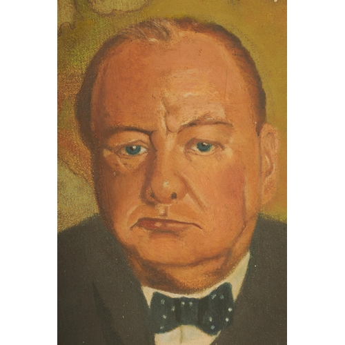 821 - A MID 20TH CENTURY PORTRAIT OIL ON CANVAS depicting Sir Winston Churchill with map of Europe behind,... 