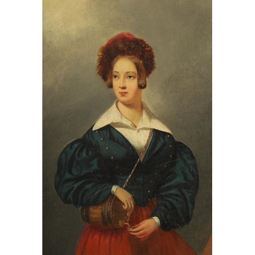 826 - A 19TH CENTURY OIL ON CANVAS. FULL LENGTH PORTRAIT OF A YOUNG SCOTTISH LADY resting on a cannon with... 