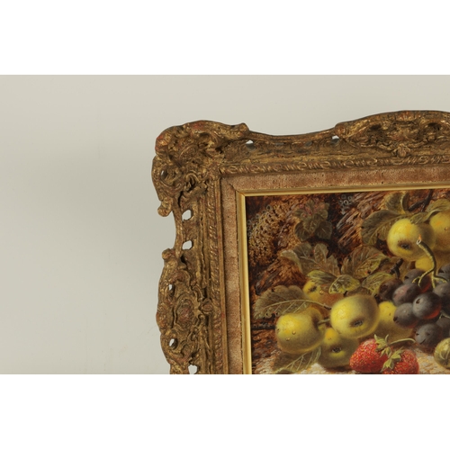 834 - OLIVER CLARE. OIL ON ARTISTS BOARD Ripe fruits on a ground of leaves. Signed Swept gilt frame with f... 