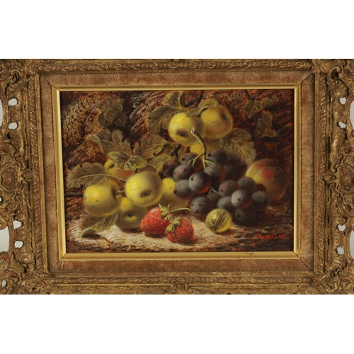 834 - OLIVER CLARE. OIL ON ARTISTS BOARD Ripe fruits on a ground of leaves. Signed Swept gilt frame with f... 