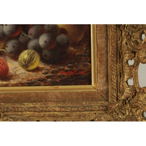 834 - OLIVER CLARE. OIL ON ARTISTS BOARD Ripe fruits on a ground of leaves. Signed Swept gilt frame with f... 