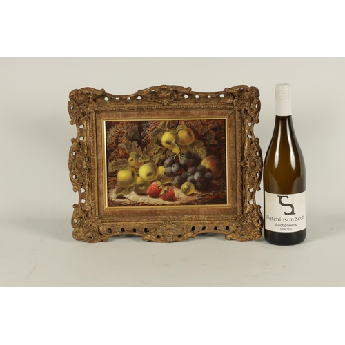 834 - OLIVER CLARE. OIL ON ARTISTS BOARD Ripe fruits on a ground of leaves. Signed Swept gilt frame with f... 