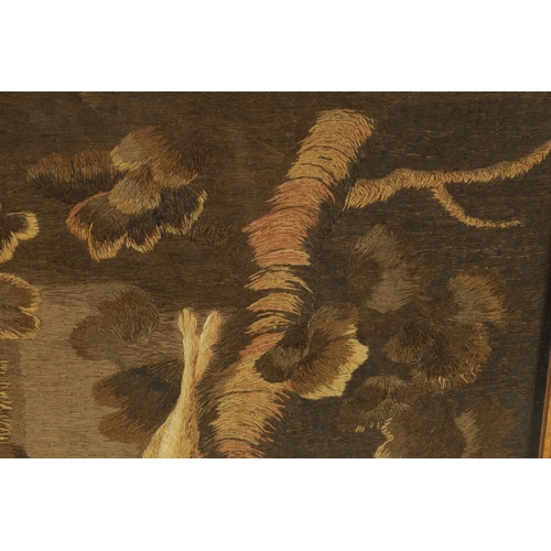 836 - A 19TH CENTURY HUNTING TAPESTRY PICTURE depicting a dog sat with shot gun and dead game - mounted an... 