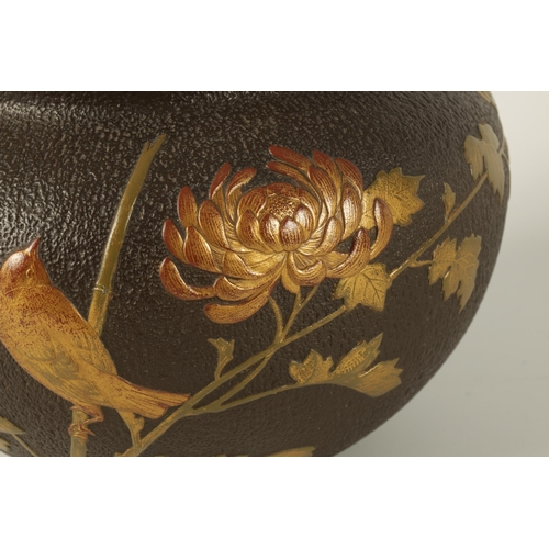 84 - A 19TH CENTURY MINTONS JAPANESQUE CERAMIC JARDINIERE Simulated as bronze with raised gilt bird and f... 